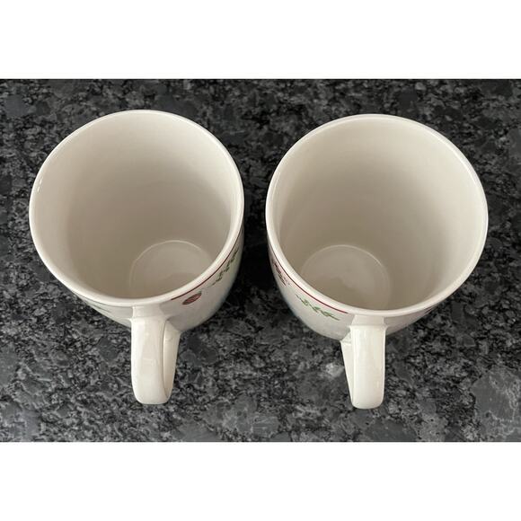 2 Christmas Tree Snowman Hot Chocolate Coffee Mugs China Red Band Holly Border - Picture 4 of 5